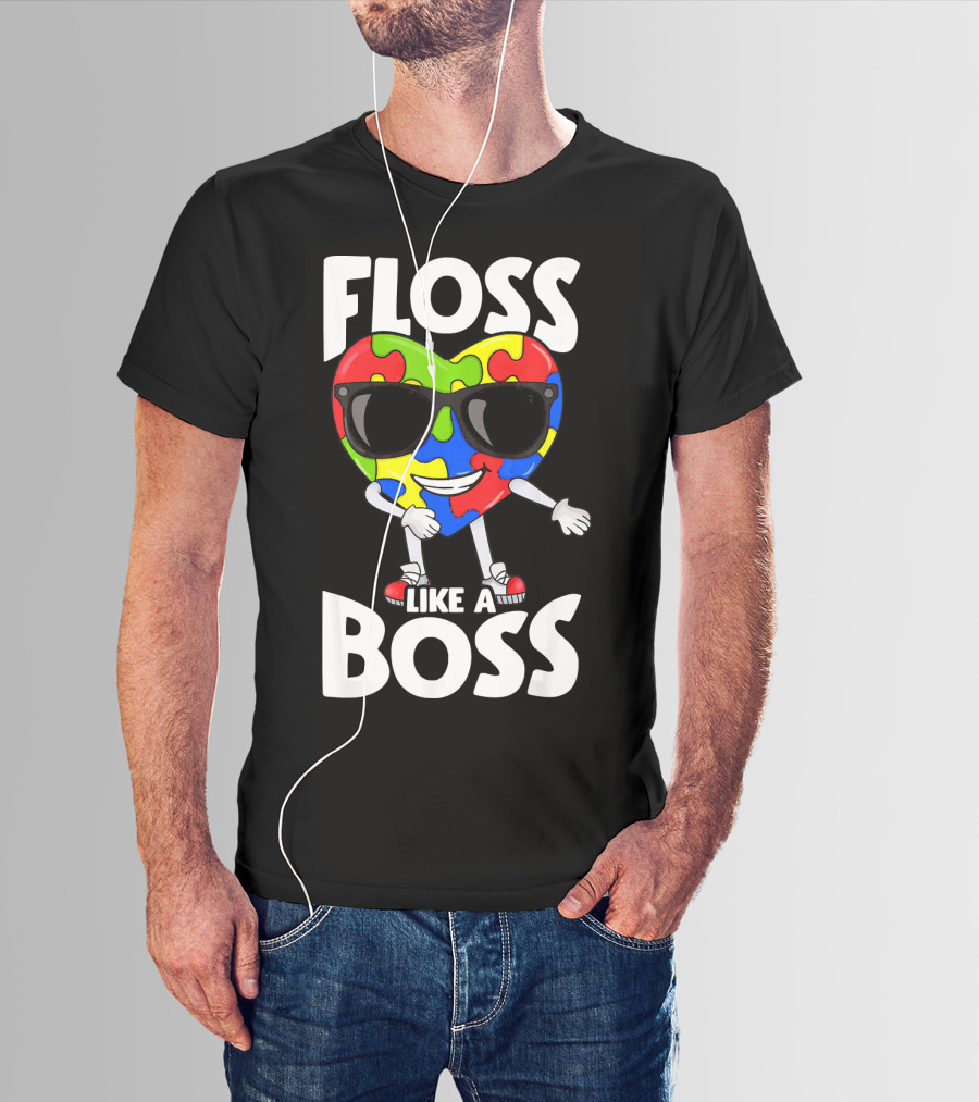 Autism Awareness Floss Like A Boss Puzzle Heart Wearing Sunglasses T-Shirt