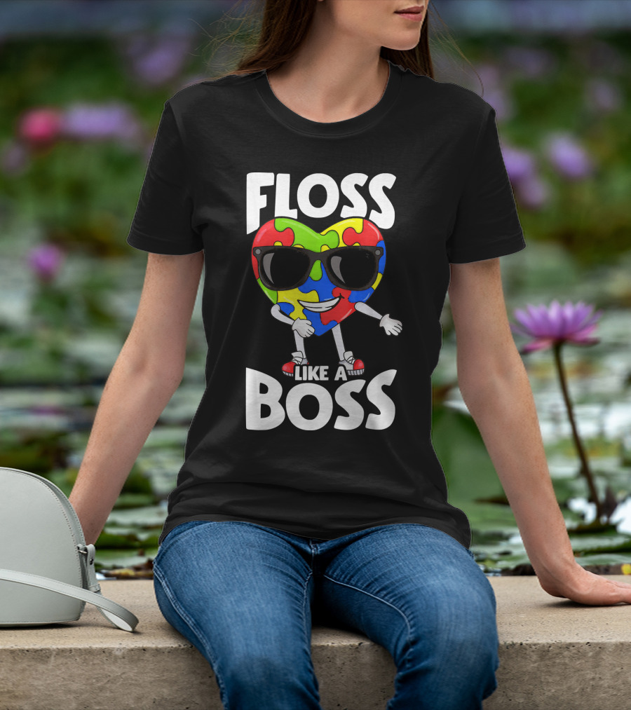 Autism Awareness Floss Like A Boss Puzzle Heart Wearing Sunglasses T-Shirt