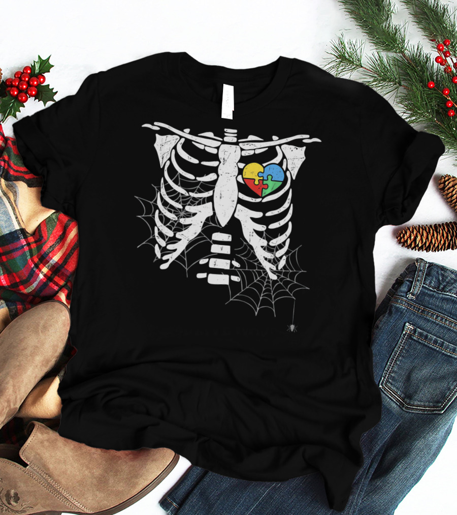 Autism Awareness Halloween Rib Cage With Heart Puzzle And Spider Webs T-Shirt