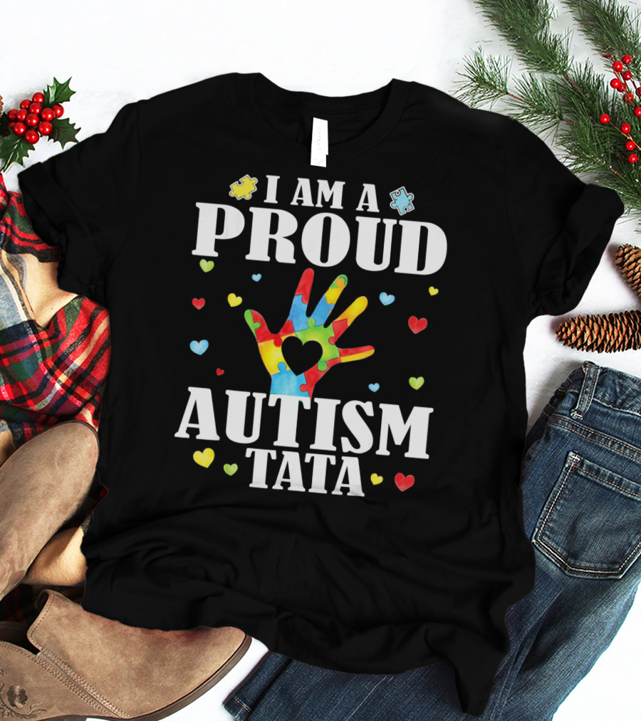 I Am A Proud Autism Tata Big Hand Hearts Puzzle Pieces T-Shirt