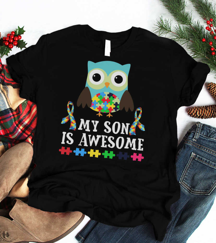 My Son Is Awesome Autism Awareness Puzzle Owl T-Shirt