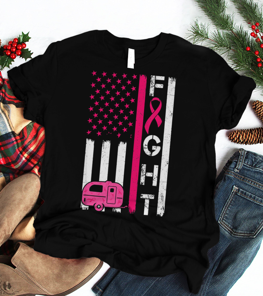 Fight Cancer Ribbon Camping Van American Flag T-Shirt