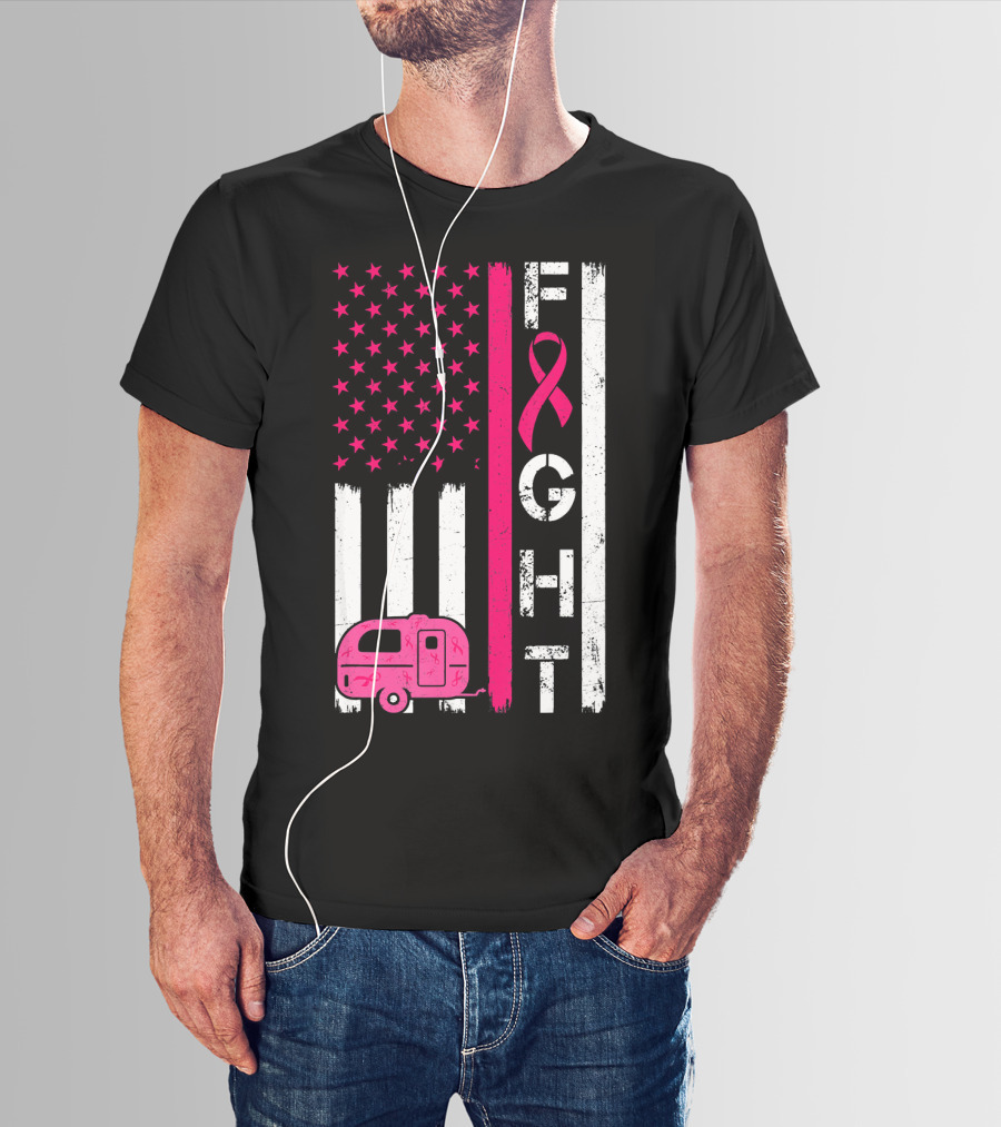 Fight Cancer Ribbon Camping Van American Flag T-Shirt