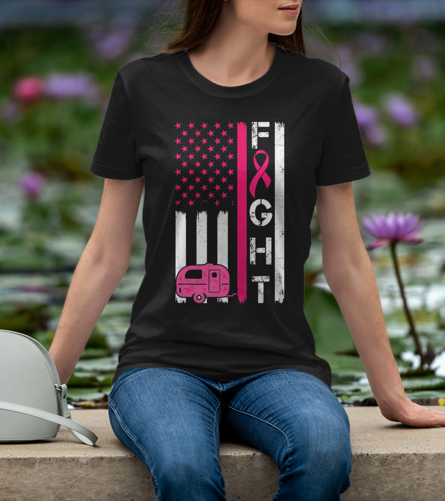 Fight Cancer Ribbon Camping Van American Flag T-Shirt