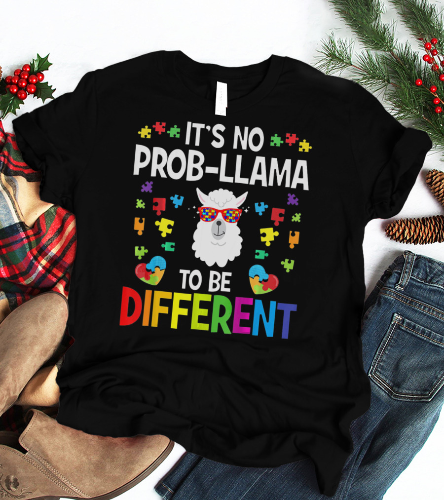 It's No Prob-Llama To Be Different Autism Awareness Puzzle Pieces T-Shirt