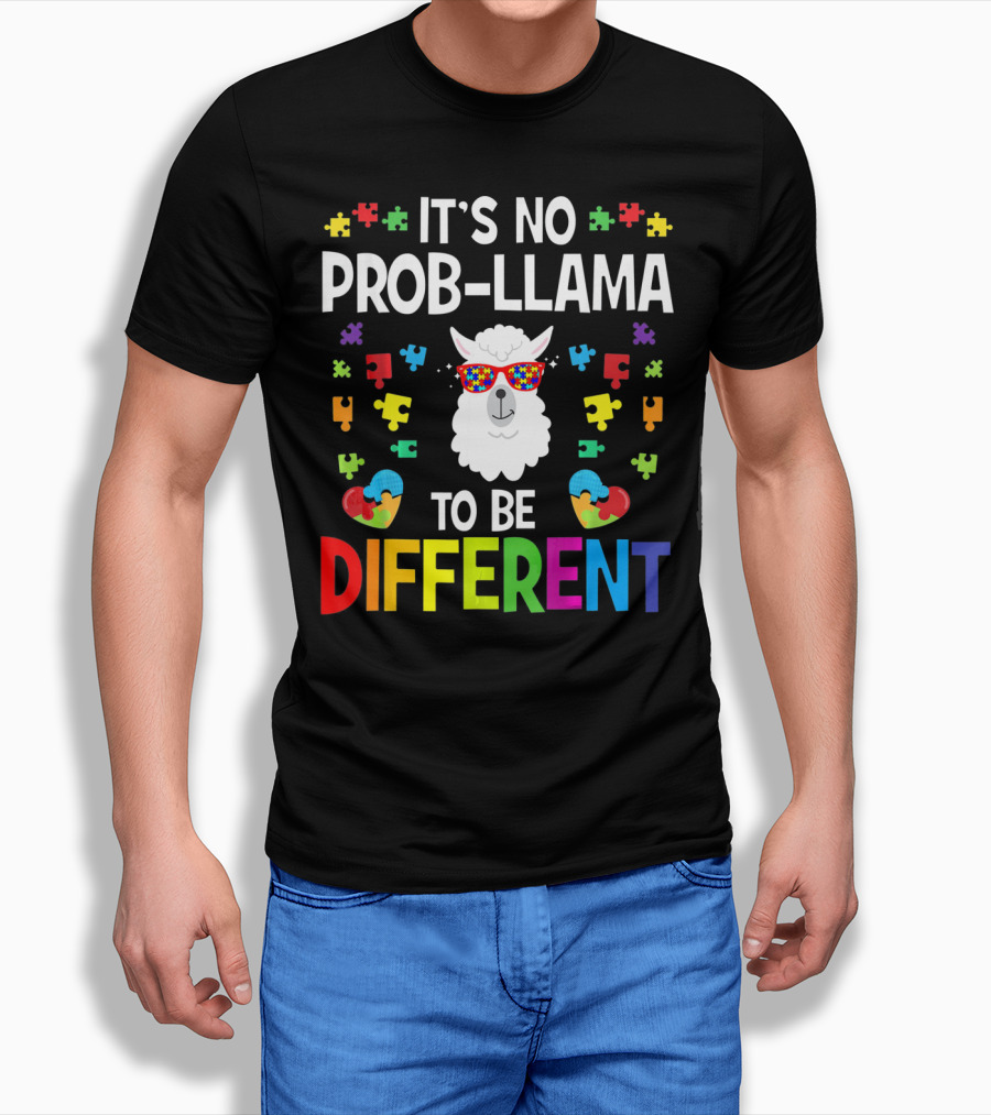 It's No Prob-Llama To Be Different Autism Awareness Puzzle Pieces T-Shirt