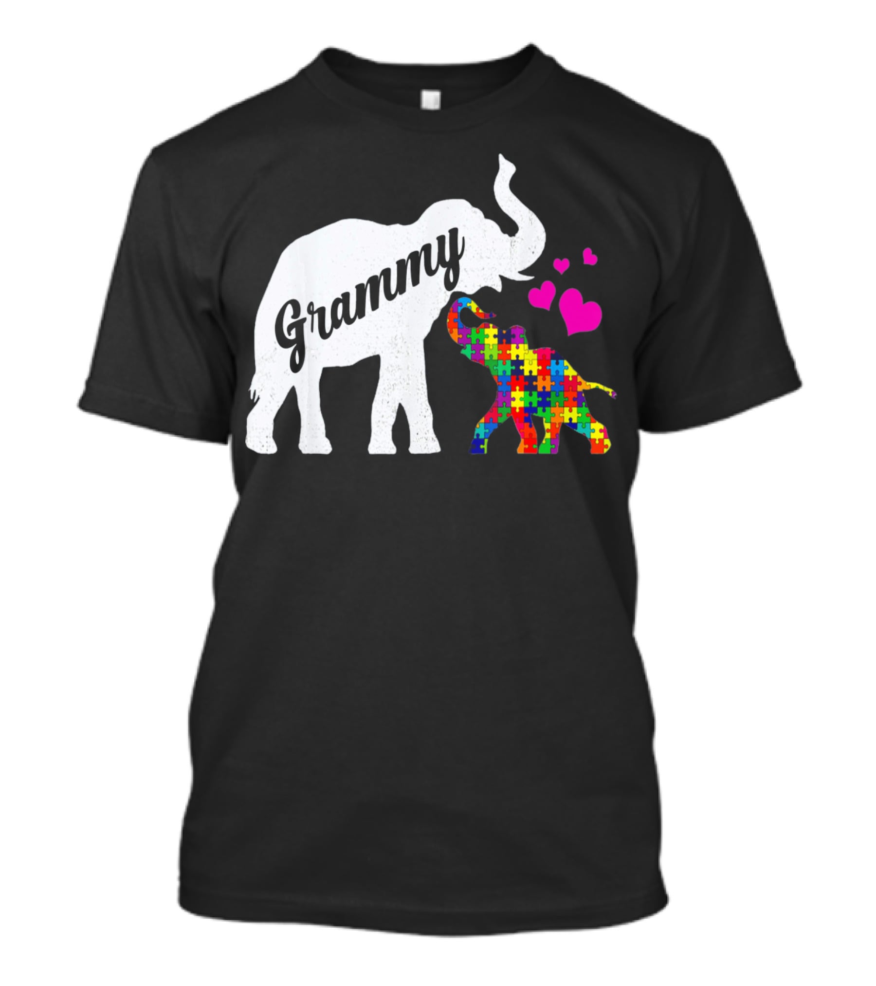 Grammy Elephant With Colorful Puzzle Piece Baby And Hearts For Autism Awareness T-Shirt