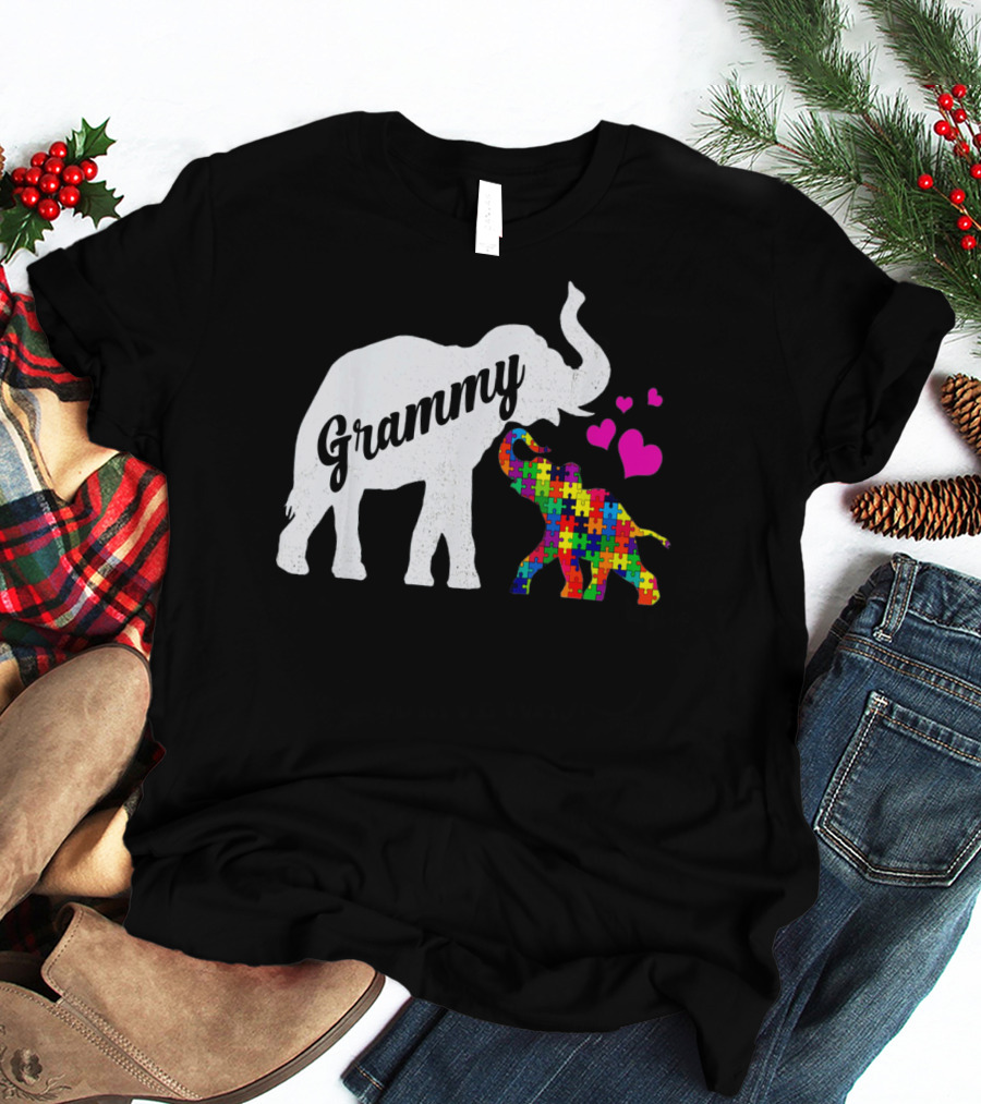 Grammy Elephant With Colorful Puzzle Piece Baby And Hearts For Autism Awareness T-Shirt