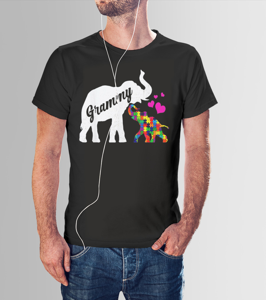Grammy Elephant With Colorful Puzzle Piece Baby And Hearts For Autism Awareness T-Shirt