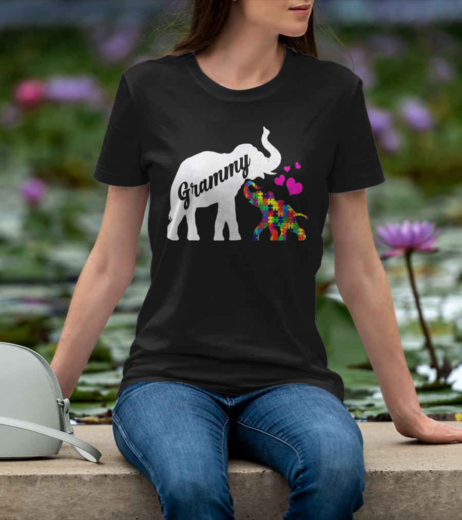 Grammy Elephant With Colorful Puzzle Piece Baby And Hearts For Autism Awareness T-Shirt