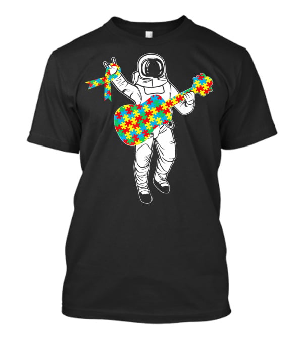 Astronaut Playing Guitar Autism Awareness Puzzle Ribbon Space T-Shirt