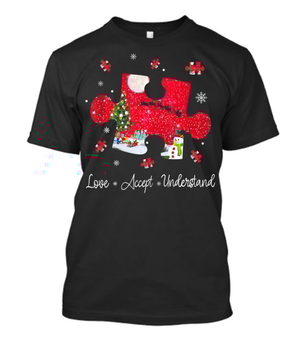 Love Accept Understand Autism Awareness Christmas Puzzle Snowman Santa Sleigh T-Shirt
