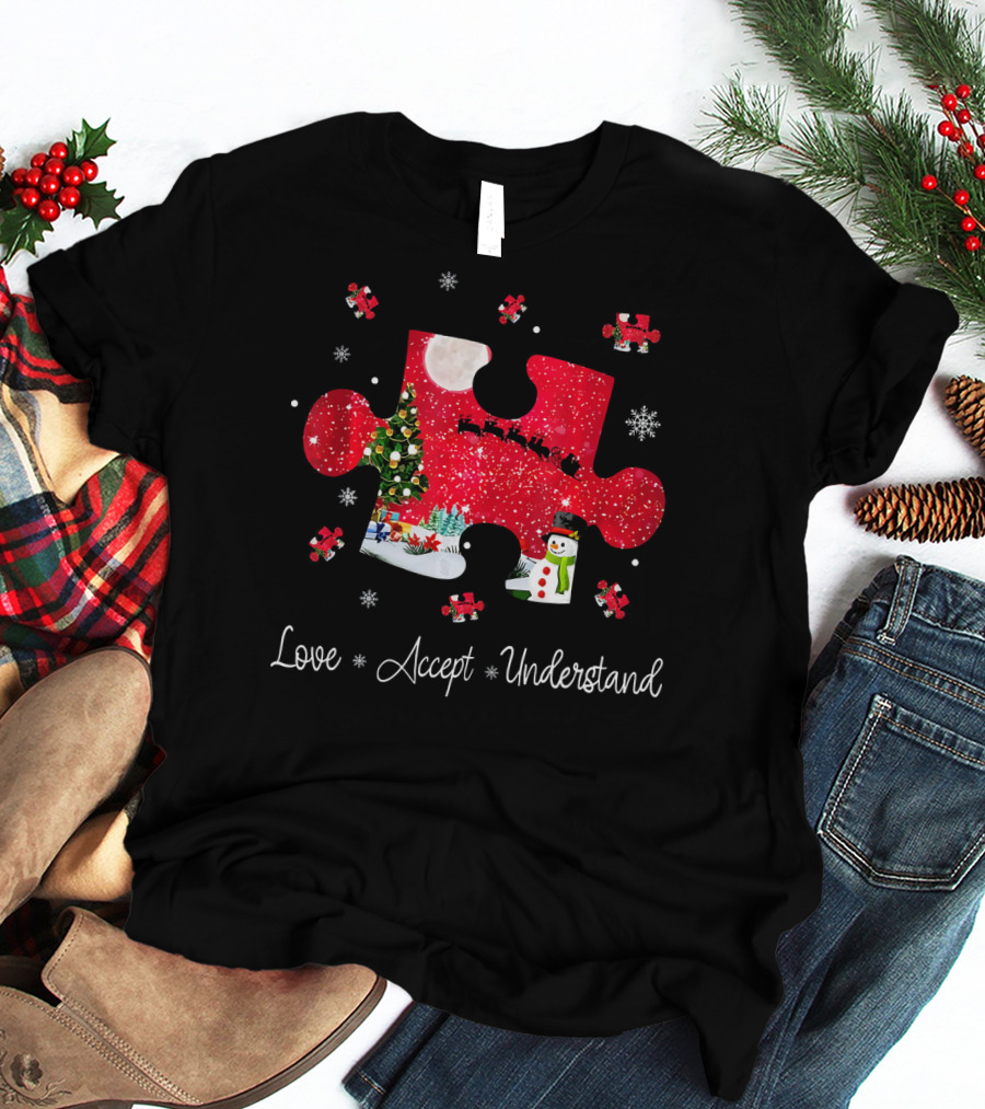 Love Accept Understand Autism Awareness Christmas Puzzle Snowman Santa Sleigh T-Shirt