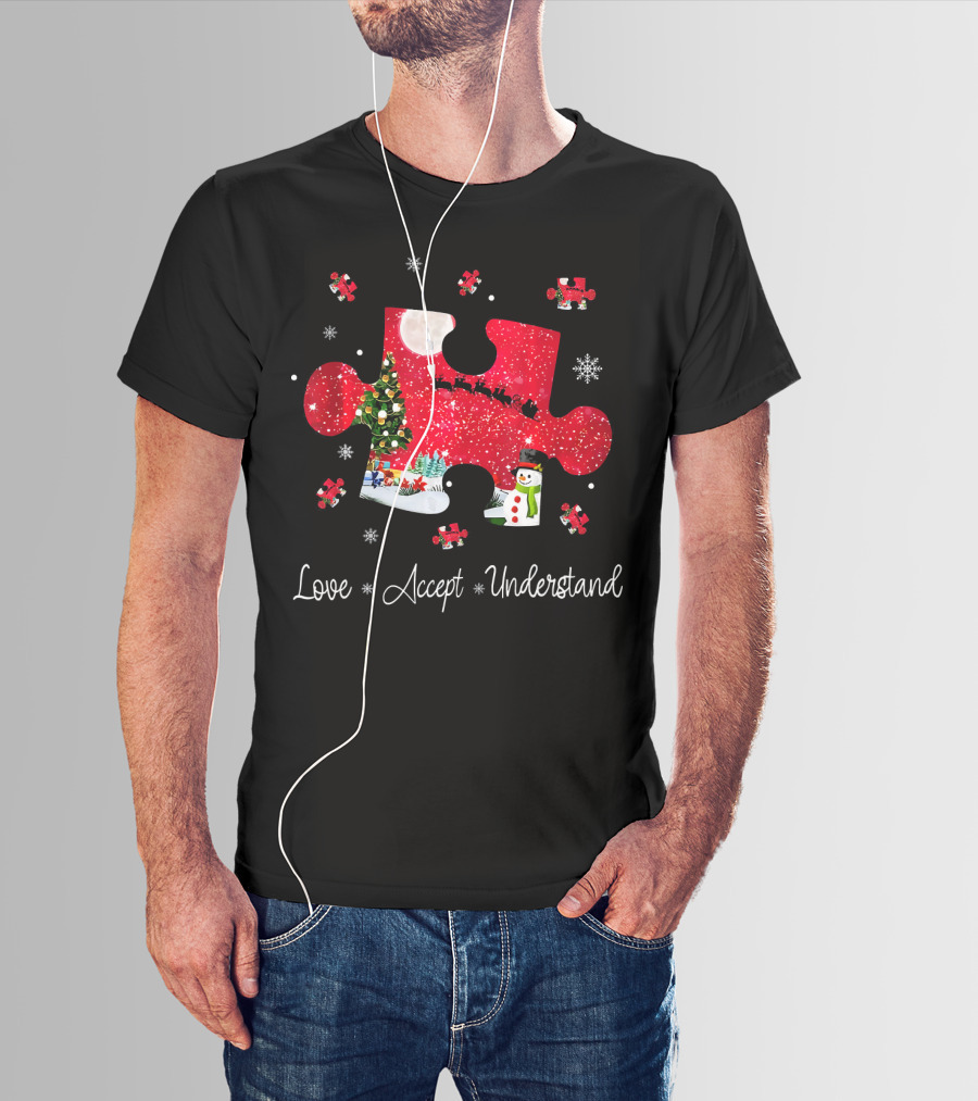 Love Accept Understand Autism Awareness Christmas Puzzle Snowman Santa Sleigh T-Shirt