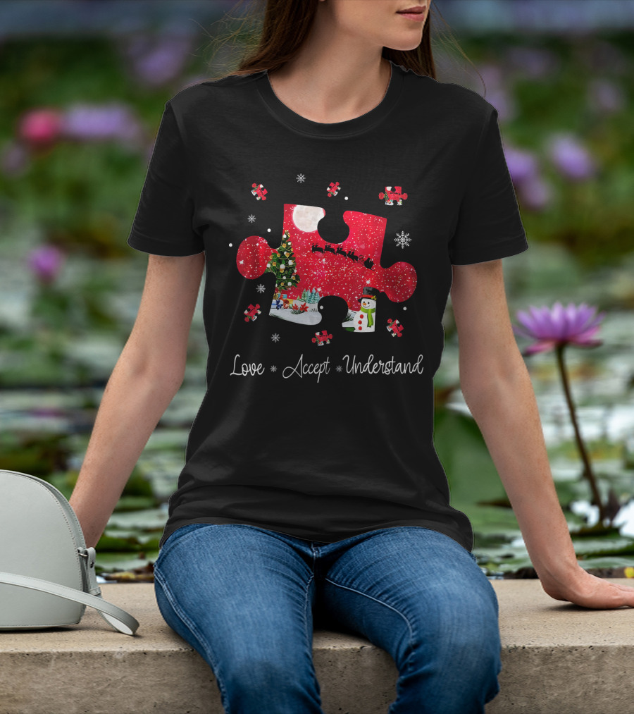 Love Accept Understand Autism Awareness Christmas Puzzle Snowman Santa Sleigh T-Shirt