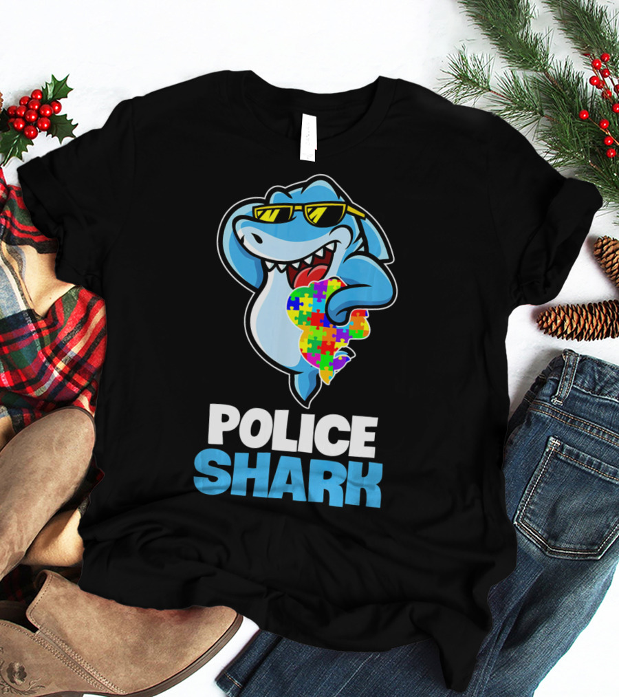 Police Shark Holding Autism Awareness Puzzle Heart T-Shirt