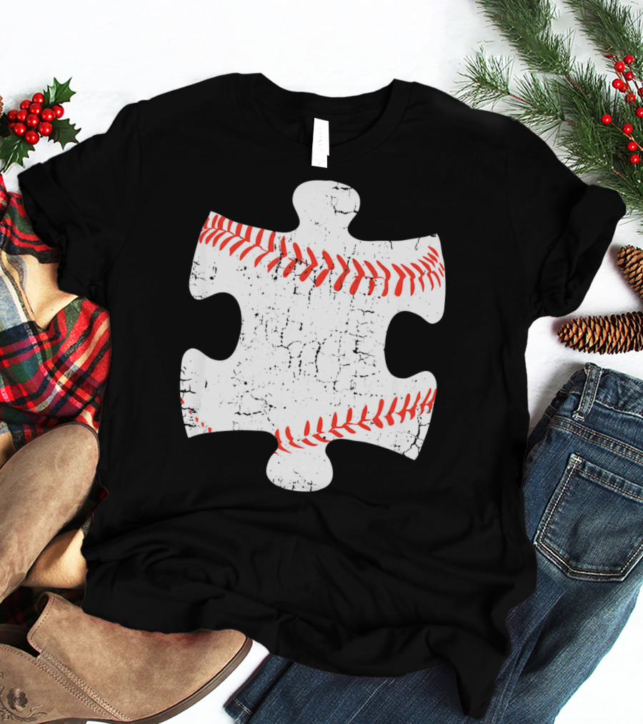 Baseball Stitch Puzzle Piece Autism Awareness T-Shirt