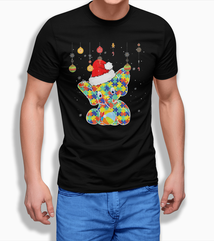 Festive Christmas Elephant In Santa Hat With Autism Puzzle T-Shirt