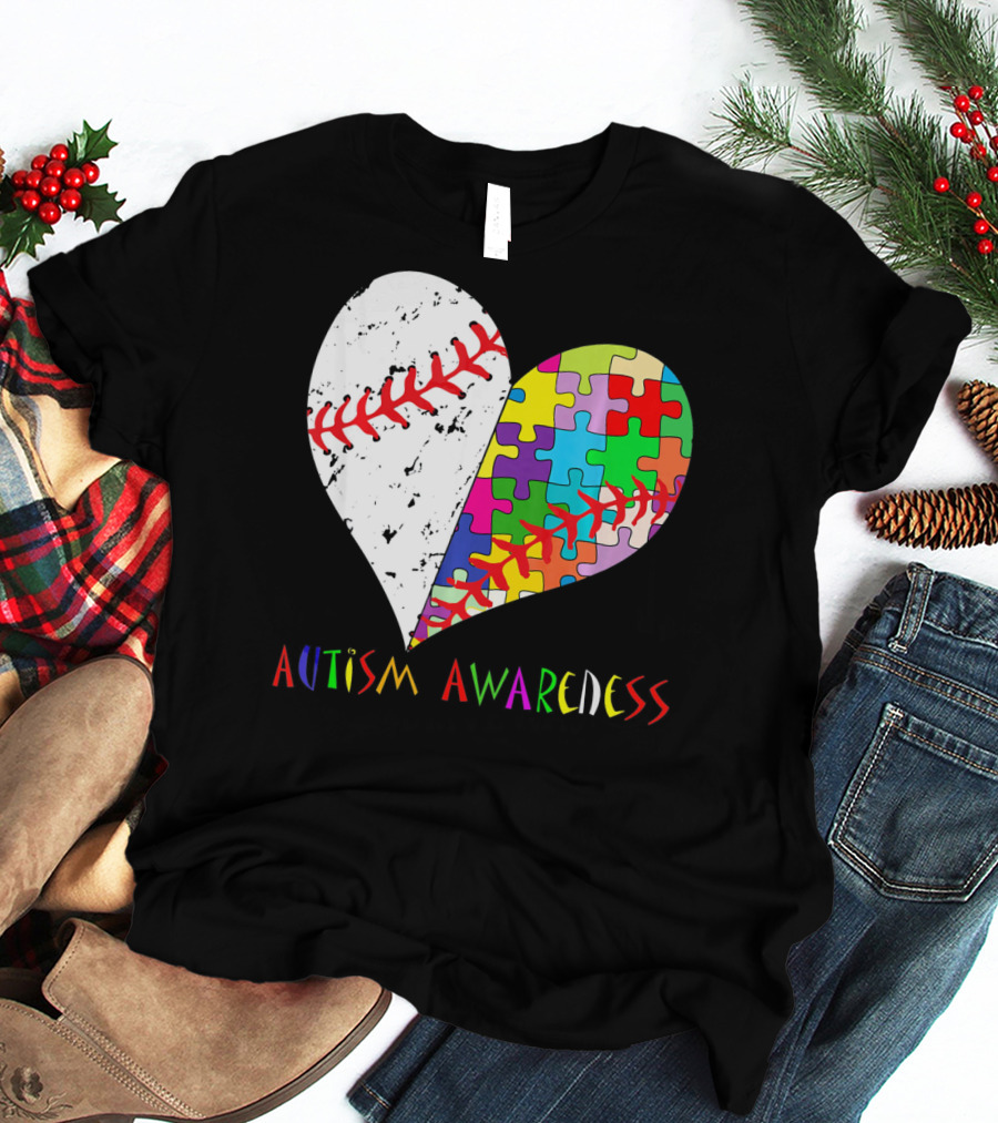 Swing For A Cause Baseball Heart Autism Awareness Puzzle Pieces T-Shirt