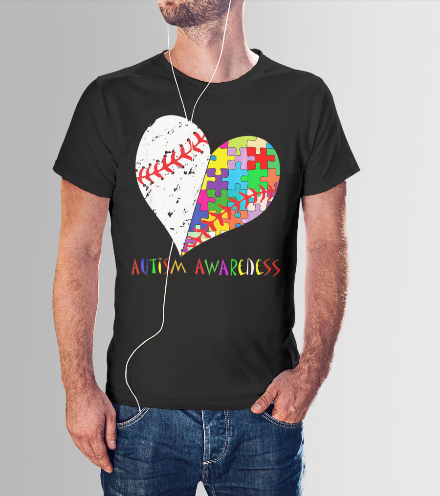 Swing For A Cause Baseball Heart Autism Awareness Puzzle Pieces T-Shirt