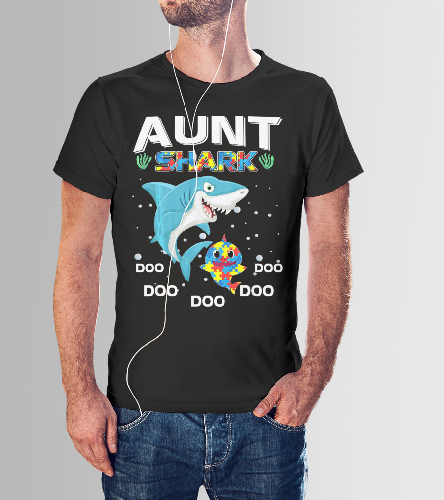 Aunt Shark Doo Doo Autism Awareness Puzzle Piece T-Shirt