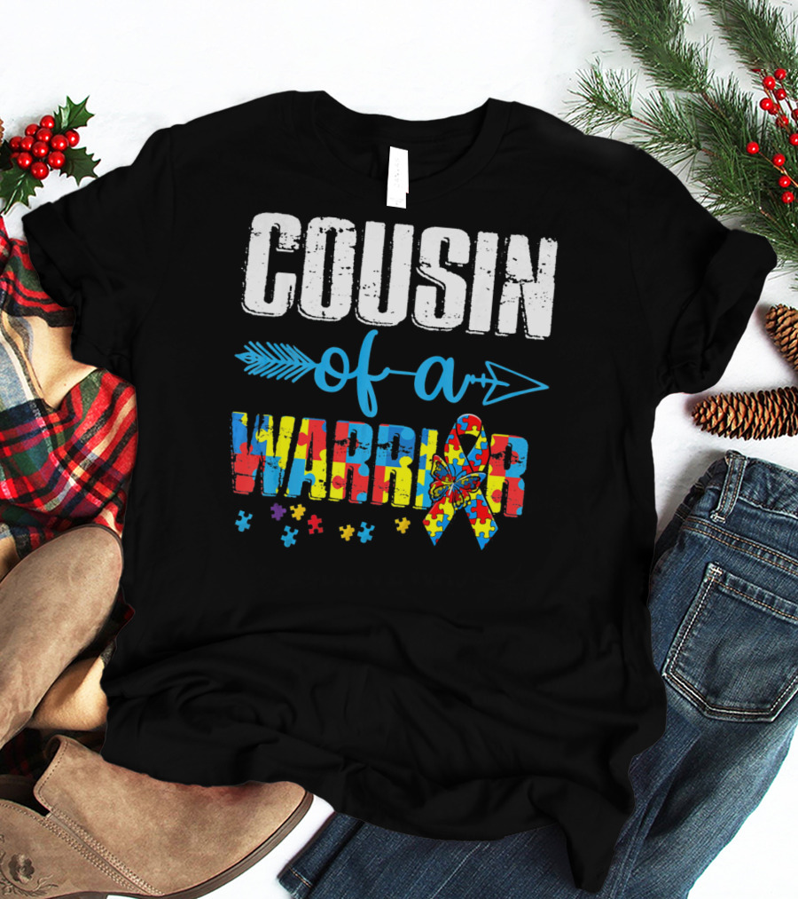 Cousin Of A Warrior Autism Awareness Puzzle Ribbon Butterfly T-Shirt