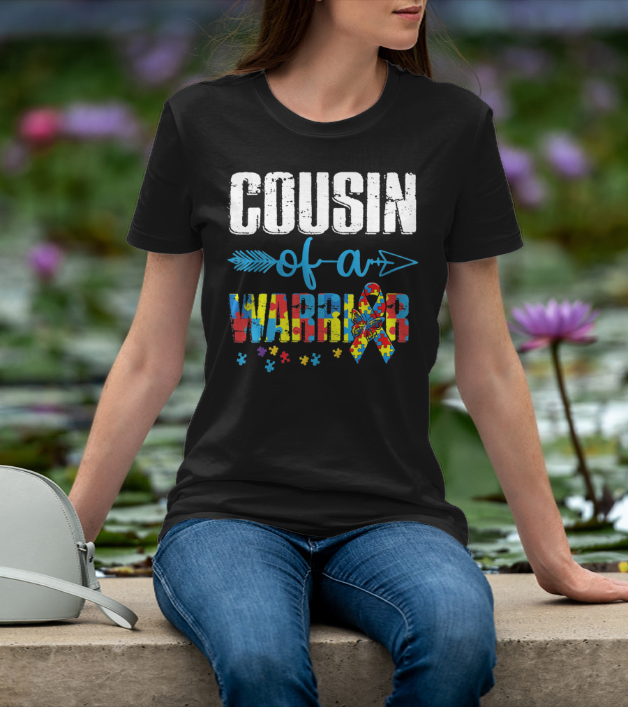Cousin Of A Warrior Autism Awareness Puzzle Ribbon Butterfly T-Shirt