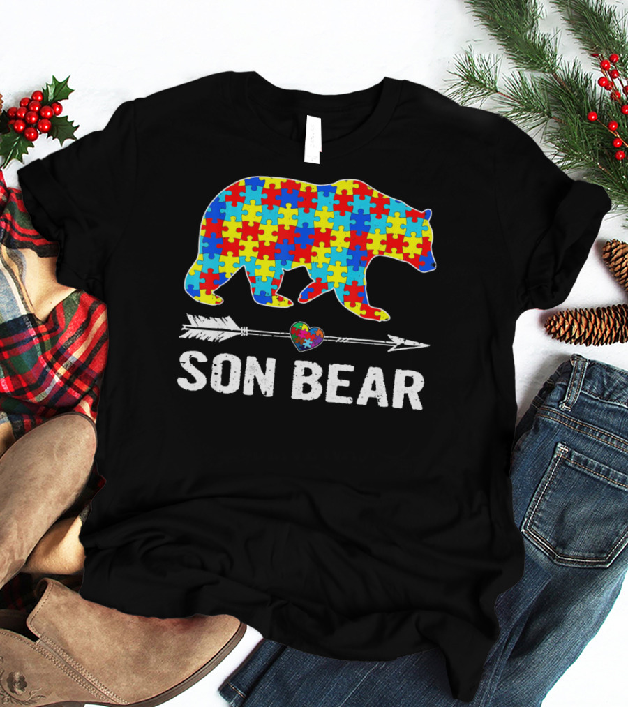 Son Bear Autism Awareness Puzzle Heart Arrow T-Shirt