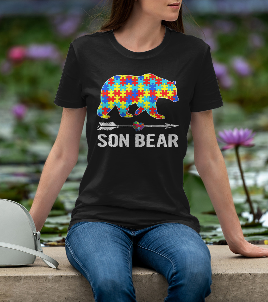 Son Bear Autism Awareness Puzzle Heart Arrow T-Shirt