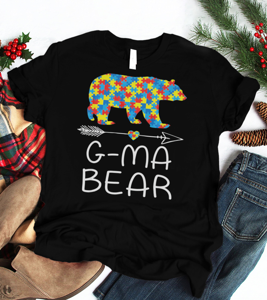 G-Ma Bear Autism Awareness Puzzle Pattern Arrow Heart T-Shirt