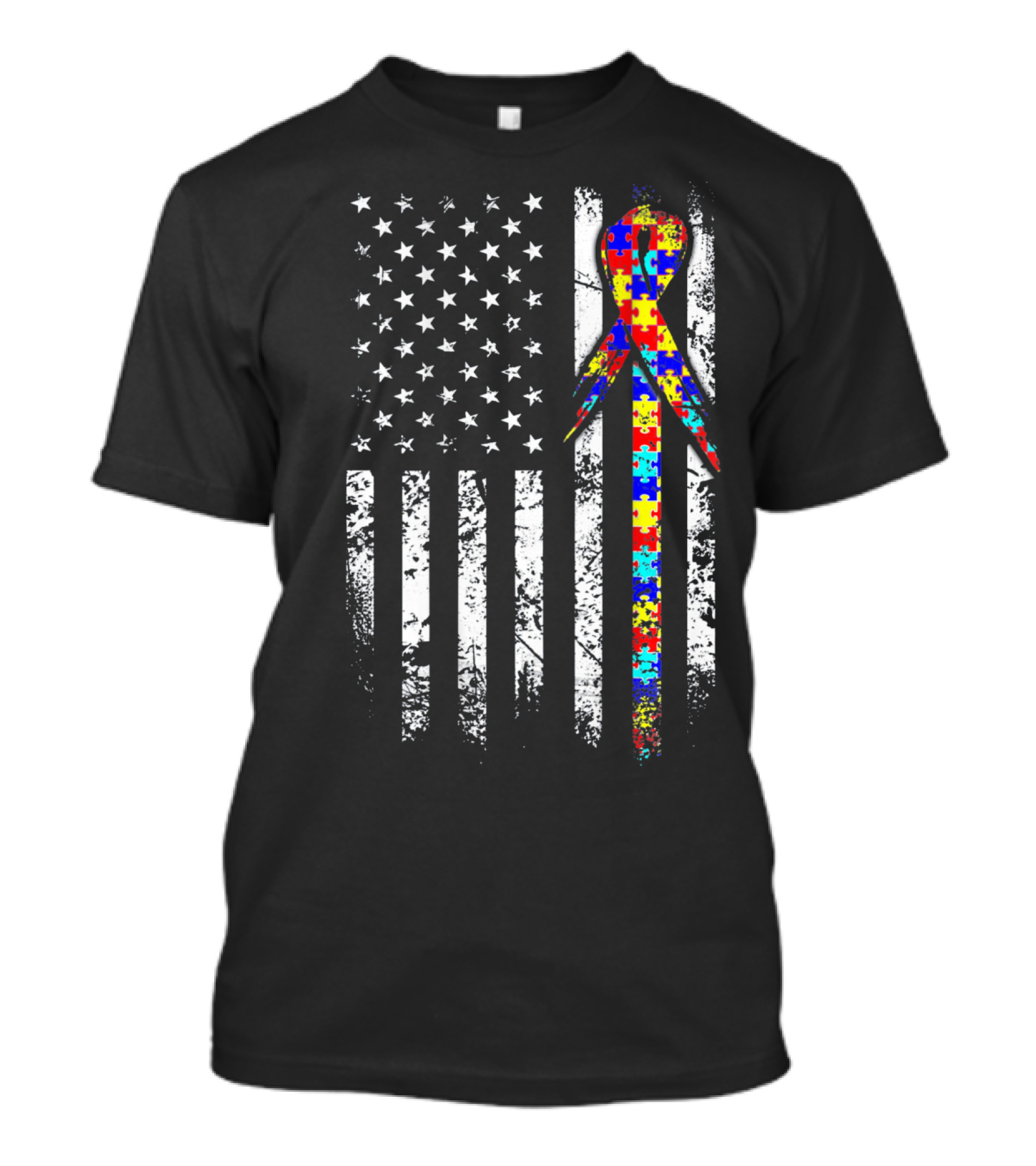 BACK PRINT Autism Awareness USA Flag Puzzle T-Shirt