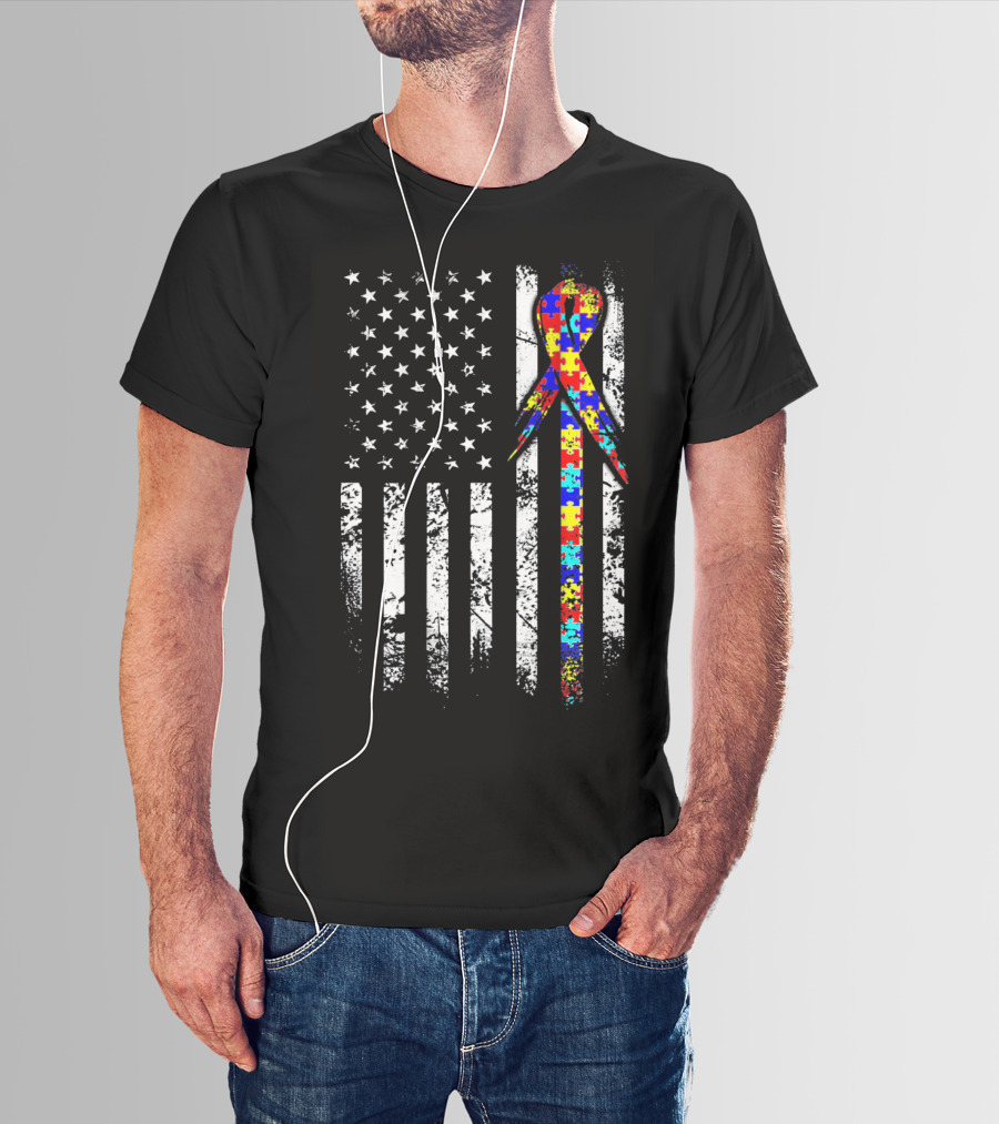 BACK PRINT Autism Awareness USA Flag Puzzle T-Shirt