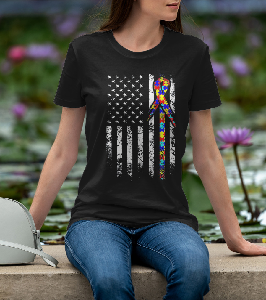BACK PRINT Autism Awareness USA Flag Puzzle T-Shirt