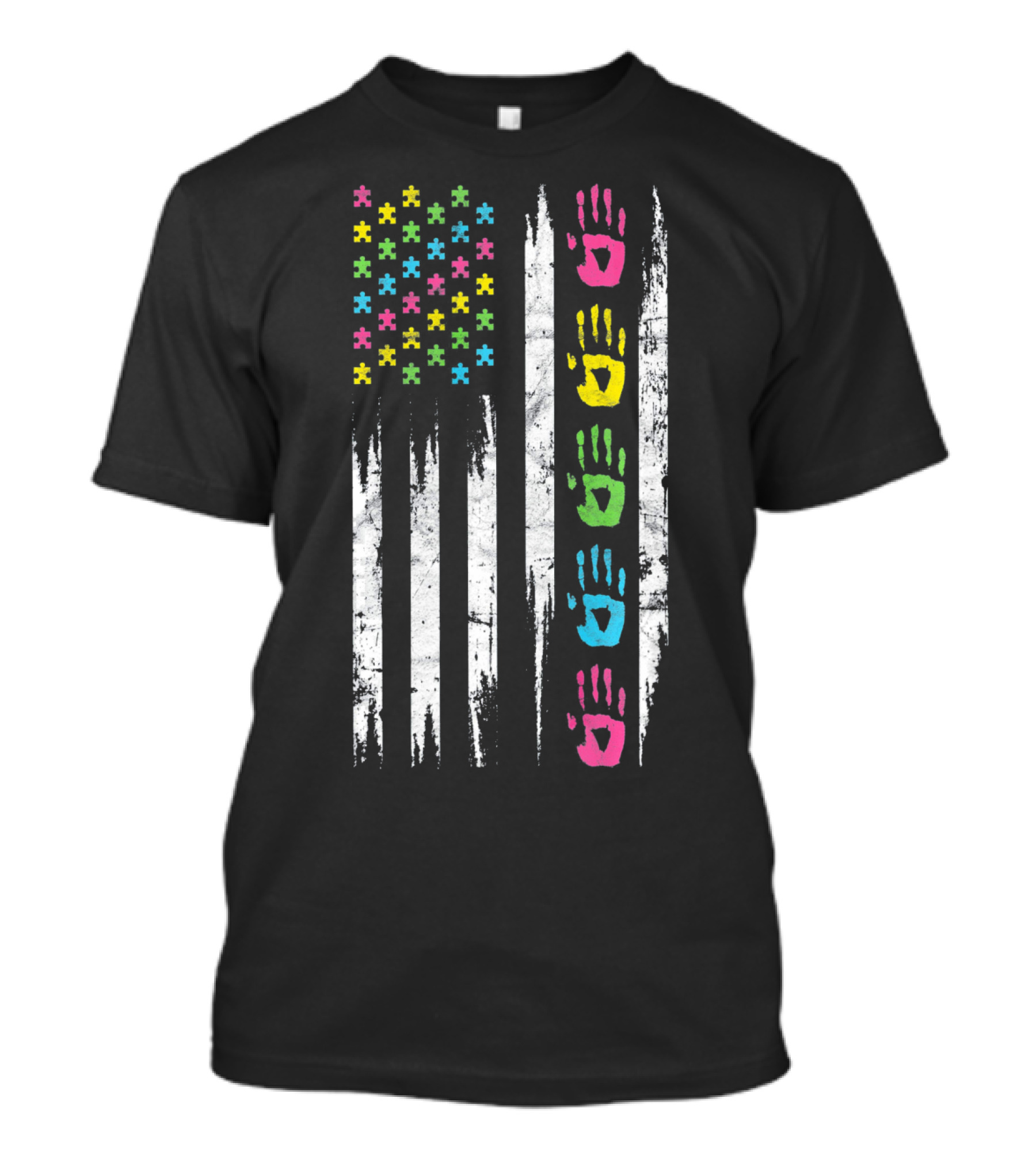 Autism Awareness Puzzle Piece Handprint USA Flag T-Shirt