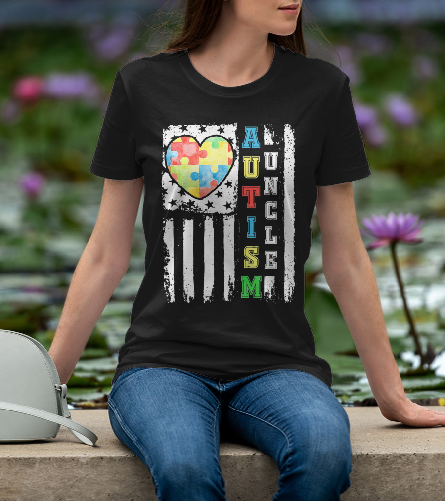 Autism Uncle US Flag Puzzle Heart T-Shirt