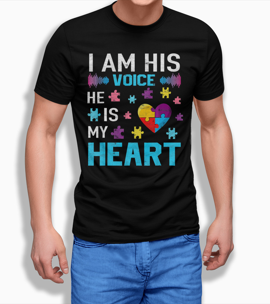 I Am His Voice He Is My Heart Puzzle Heart Autism Awareness T-Shirt