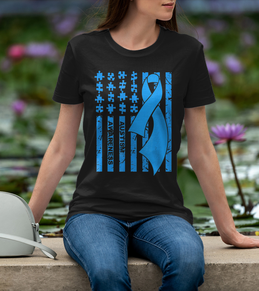 Autism Awareness Flag With Puzzle Pieces And Blue T-Shirt