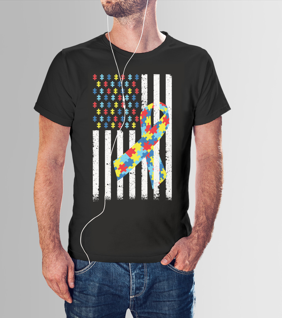 American Flag Puzzle Ribbon Autism Awareness T-Shirt