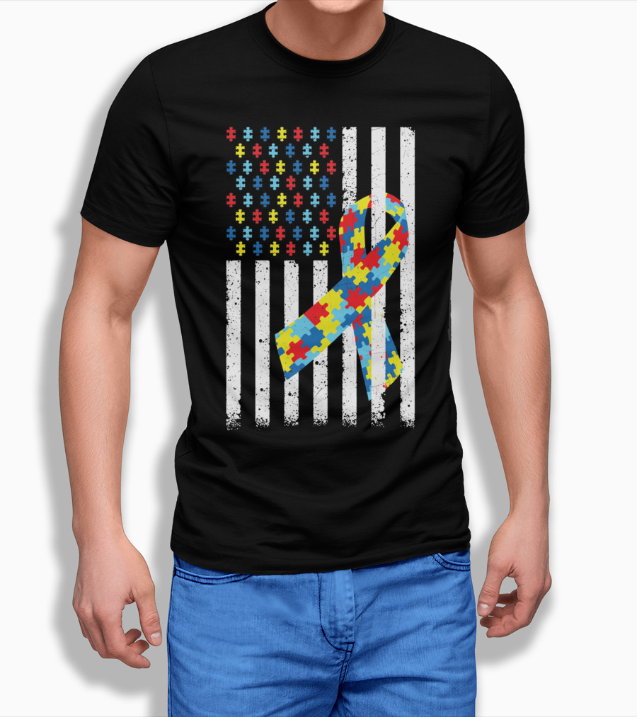 American Flag Puzzle Ribbon Autism Awareness T-Shirt