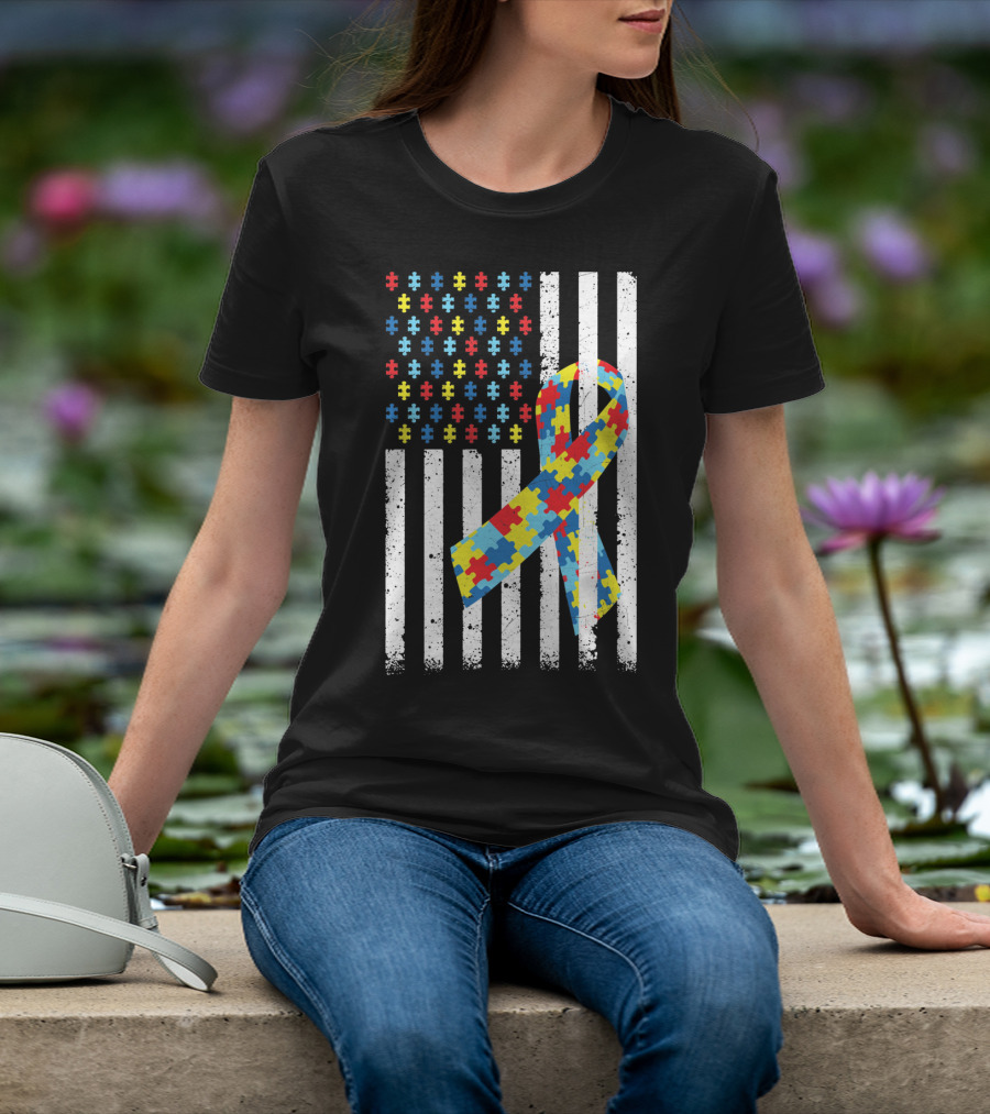 American Flag Puzzle Ribbon Autism Awareness T-Shirt