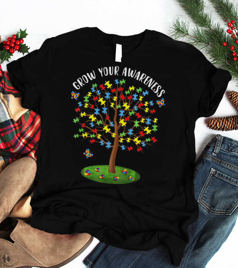 Grow Your Autism Awareness Tree With Puzzle Pieces And Butterflies T-Shirt