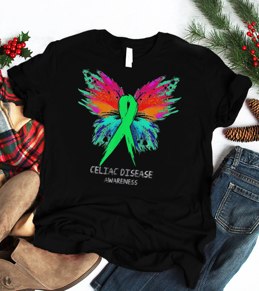 CELIAC DISEASE Awareness Ribbon Butterfly Colorful Wings T-Shirt