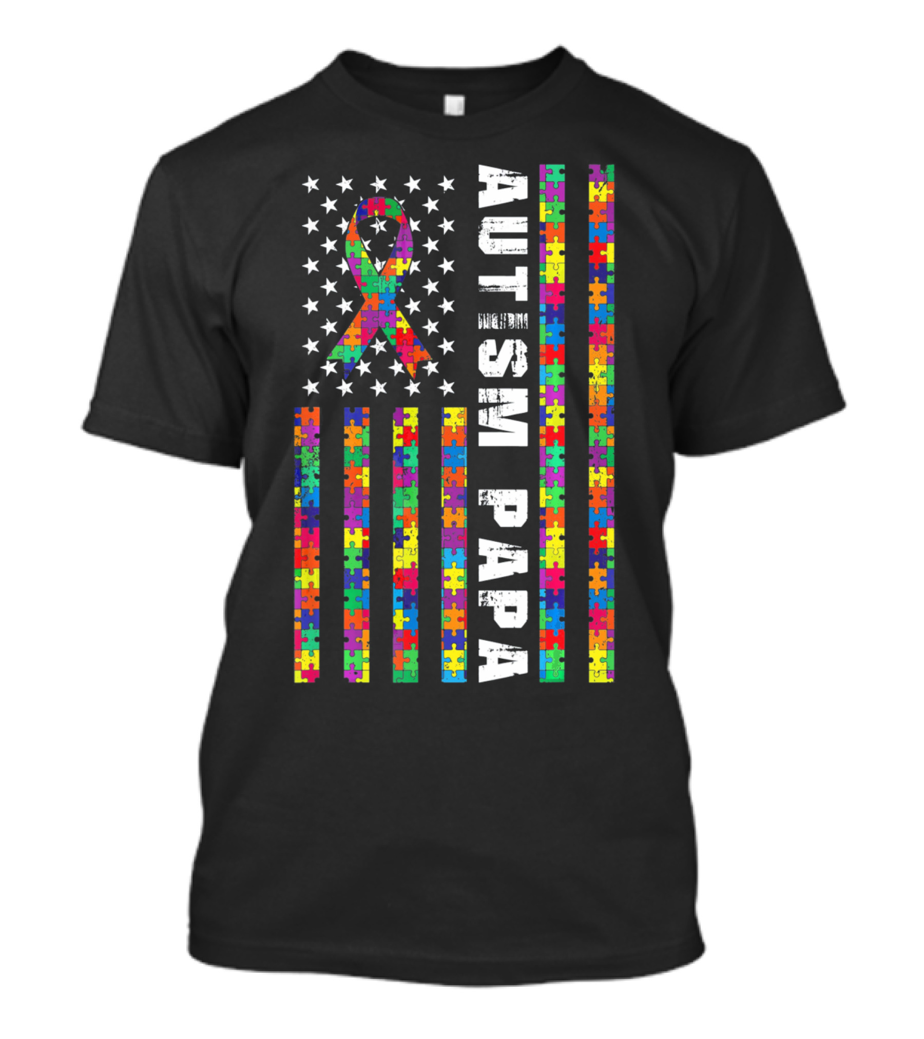 Autism Papa American Flag Puzzle Ribbon Stars T-Shirt