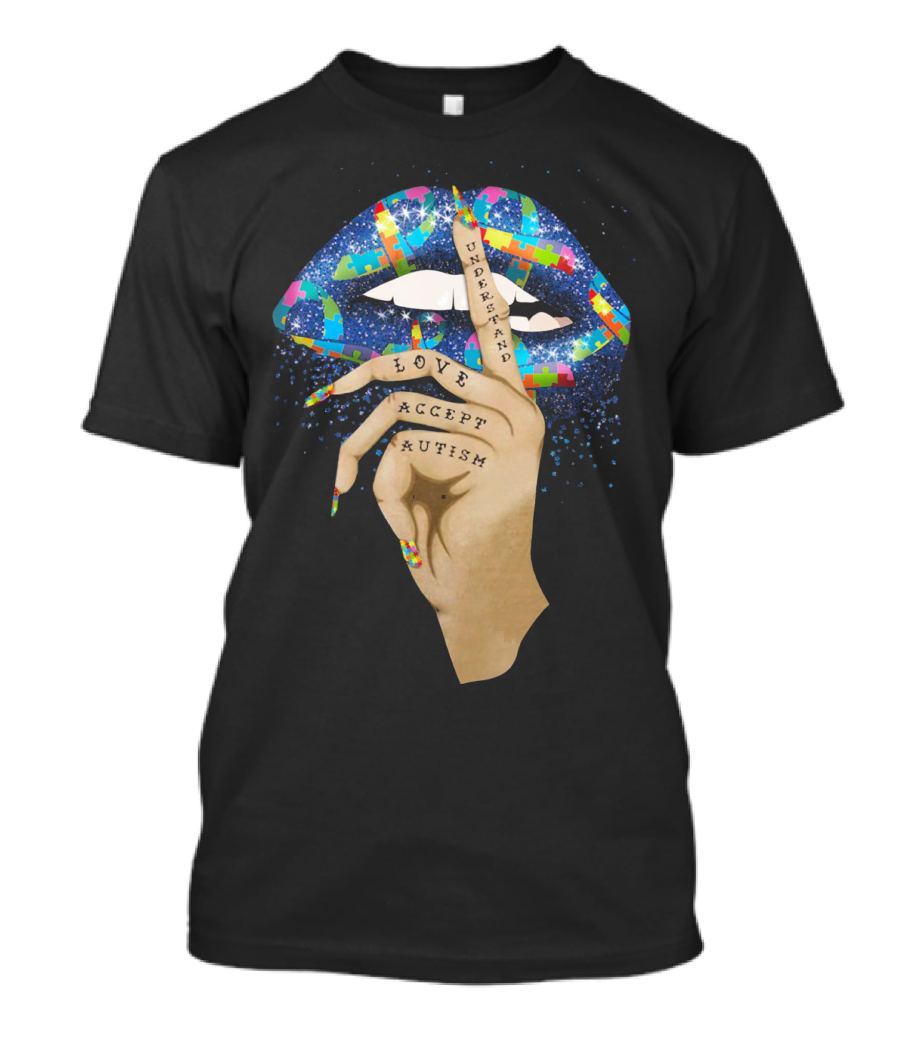 Love Understand Accept Autism Finger On Lips With Puzzle T-Shirt