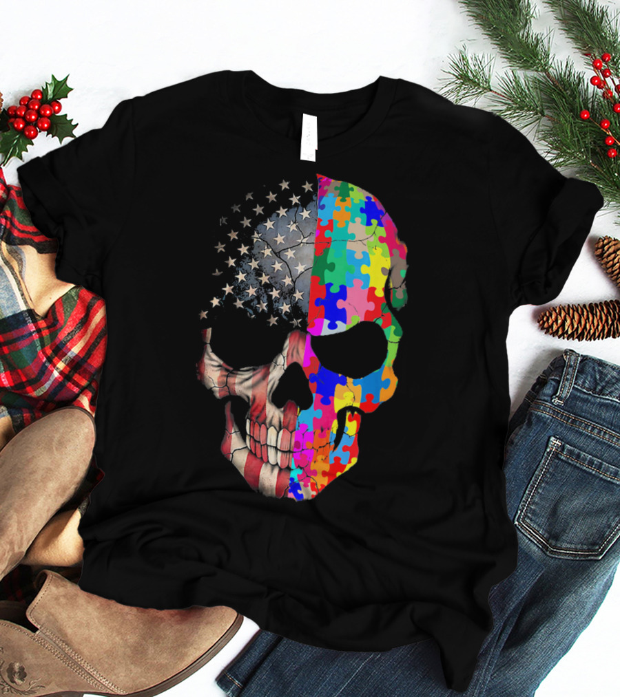 American Flag Autism Awareness Skull Puzzle Pieces Sku T-Shirt