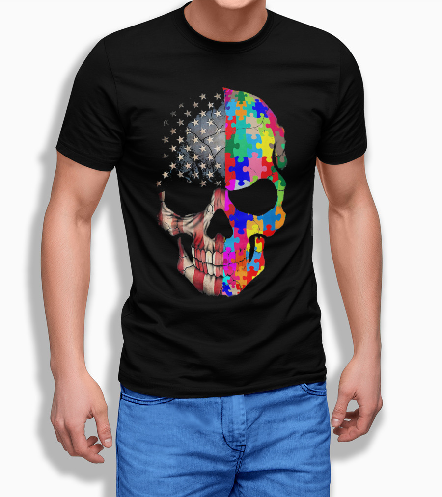 American Flag Autism Awareness Skull Puzzle Pieces Sku T-Shirt