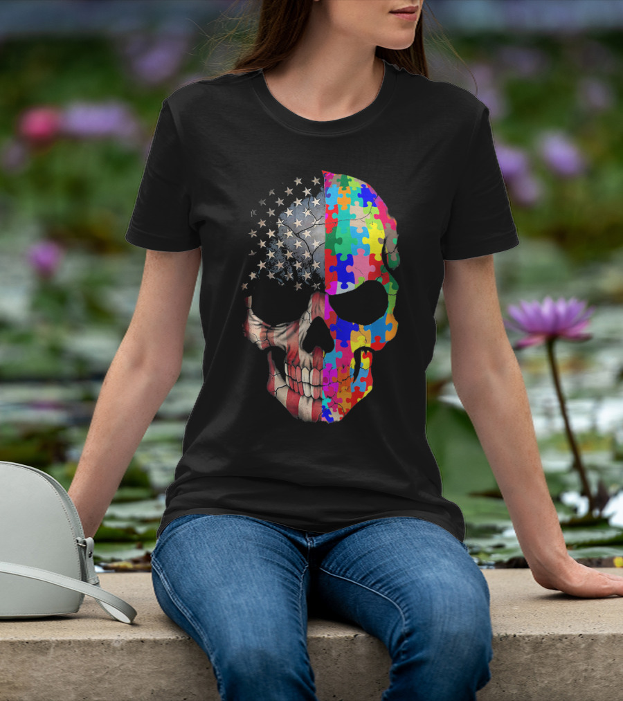 American Flag Autism Awareness Skull Puzzle Pieces Sku T-Shirt