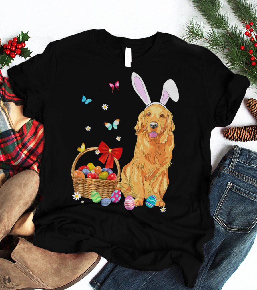 Golden Retriever Bunny Ears Easter Eggs Basket Butterflies T-Shirt