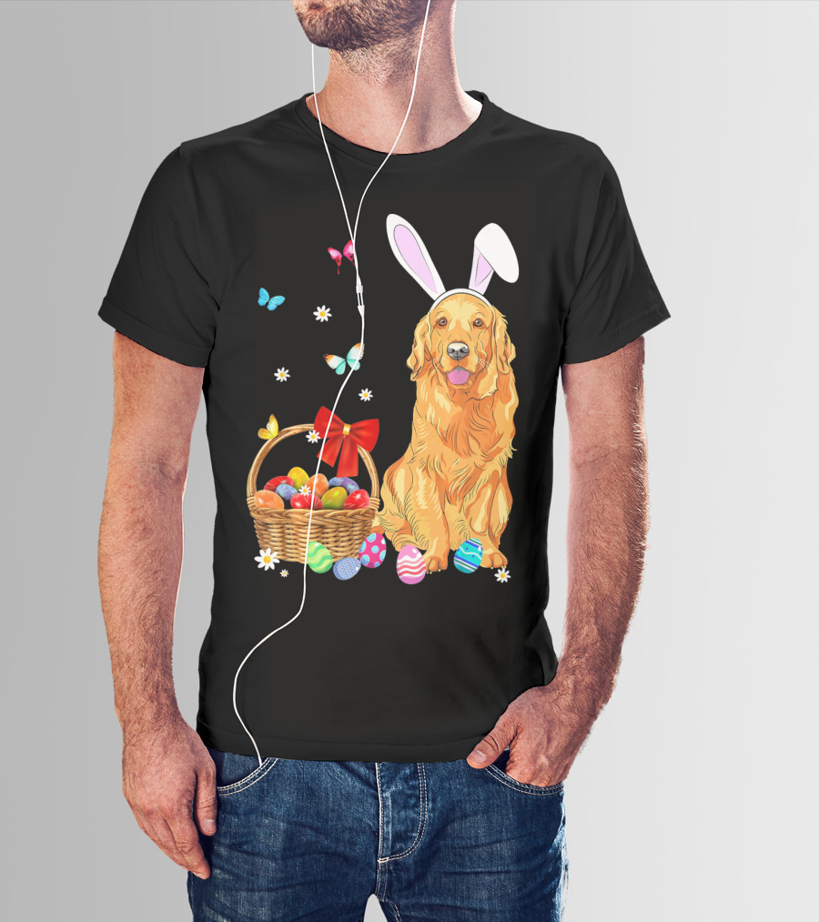 Golden Retriever Bunny Ears Easter Eggs Basket Butterflies T-Shirt