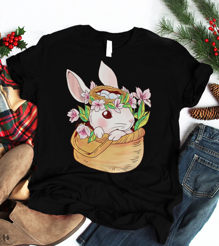 Cute Easter Bunny Girl Floral Basket T-Shirt